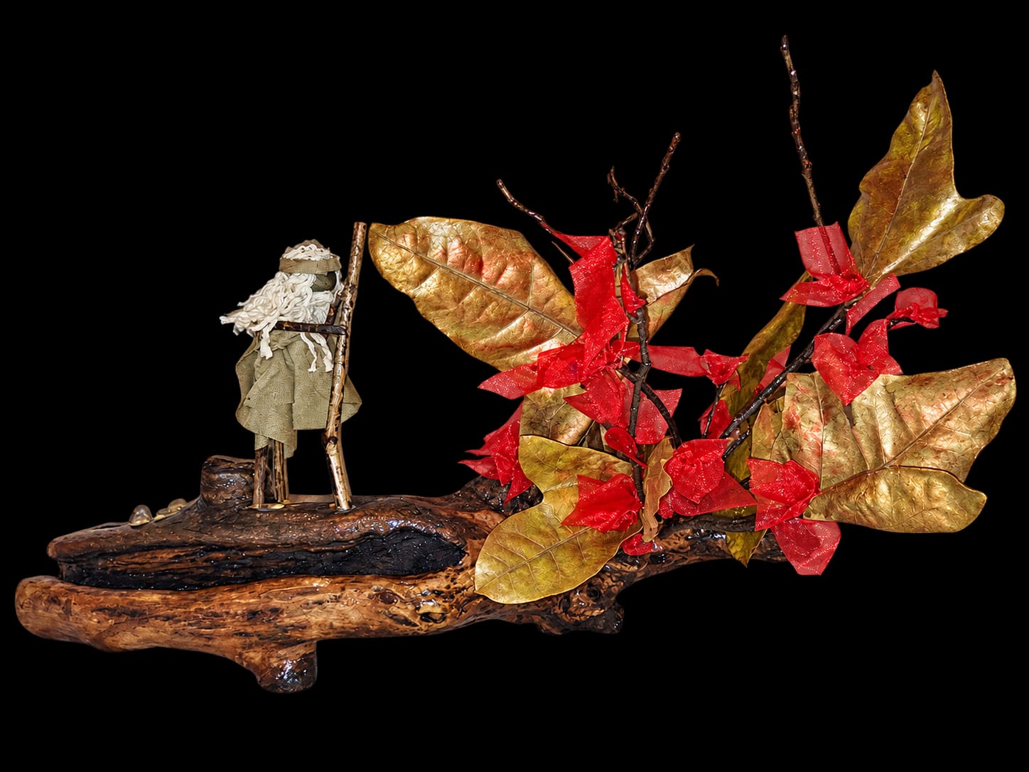 Moses before a burning bush of gold and red leaves, handmade on a natural wooden base